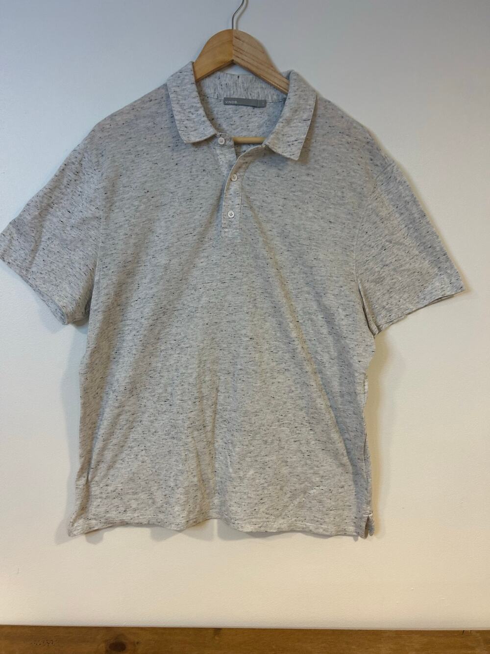 Vince Sz L Light Gray Short Sleeve Polo Shirt Speckled Button Golf Casual Mens